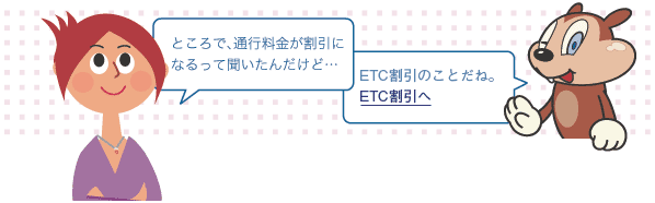 ところで、通行料金が割引になるって聞いたんだけど…　時間帯割引のことだね。ETC時間帯割引へ