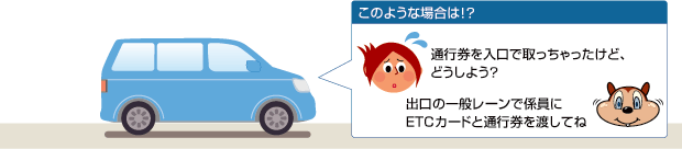 このような場合は！？通行券を入口で取っちゃったけど、どうしよう？出口の一般レーンで係員にETCカードと通行券を渡してね