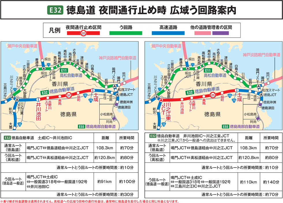 E32 徳島道 夜間通行止め時 広域う回路案内