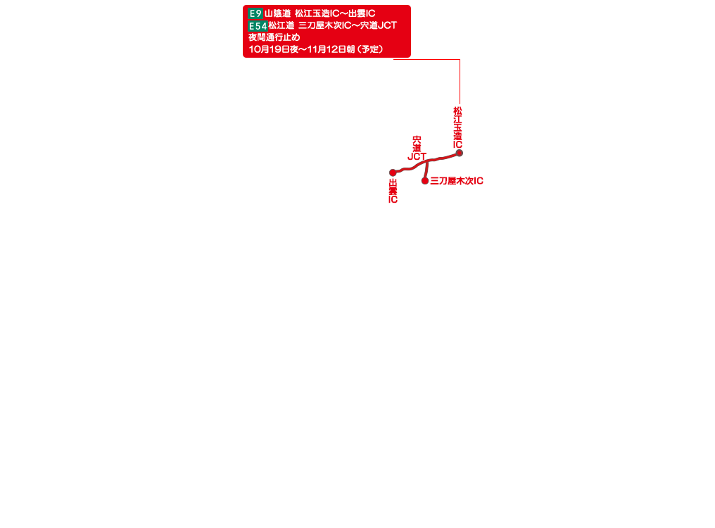 E9 山陰道 松江玉造IC～出雲IC
E54 松江道 三刀屋木次IC～宍道JCT