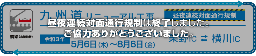 E3 九州自動車道（栗野IC～横川IC間）昼夜連続対面通行規制は8月6日（金曜）をもって終了しました